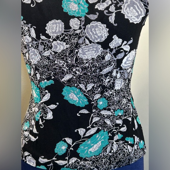 Pinadas Vintage Black/White/Teal Floral Short Sleeve Shirt Women’s Medium Petite - Picture 8 of 9